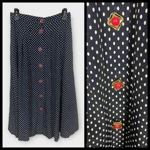 Vintage Blue Navy Polka Dot Button Front Preppy Pleated Midi skirt Size 6/8